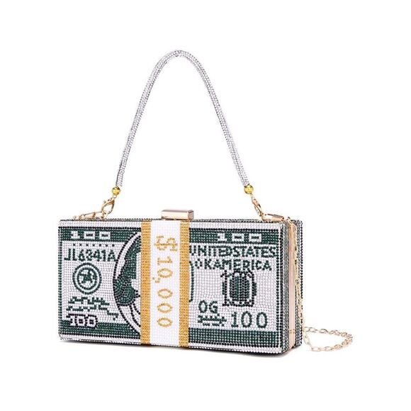Dollar Clutch Purse Rhinestone Evening Handbag Money Bag Green - Picture 4 of 7